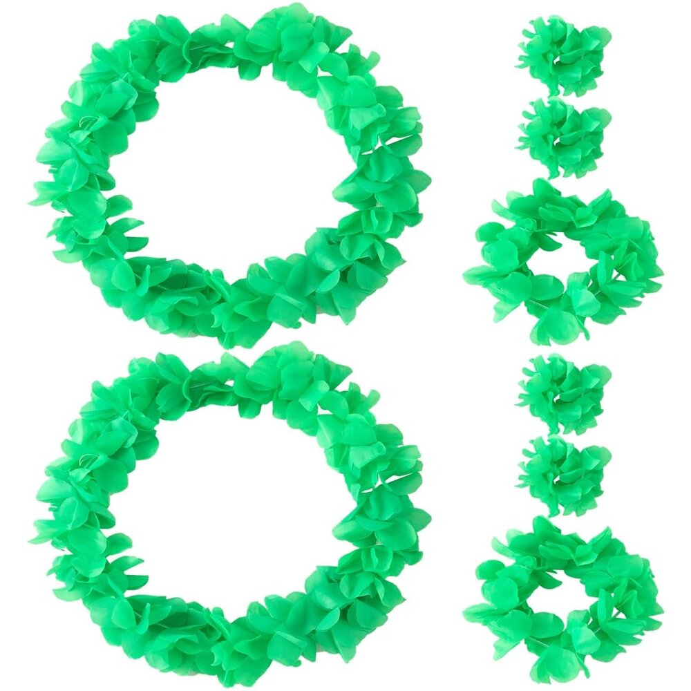 8pcs/2set Green Leis Hawaiian Headpiece Leis Flower Outfits Headband Necklace Br - Picture 1 of 7